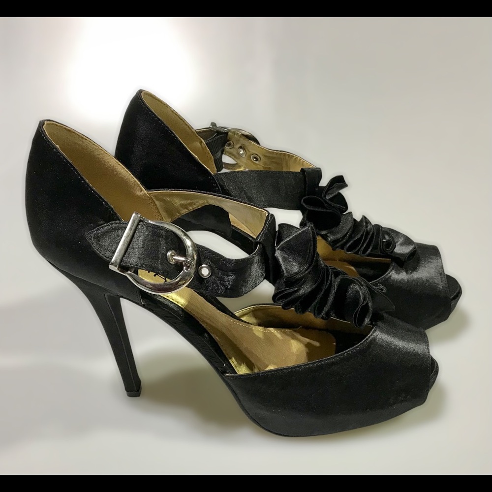 Liliana Women’s Black Satin Open Toe Buckle Ruffles Platform Heels,11
